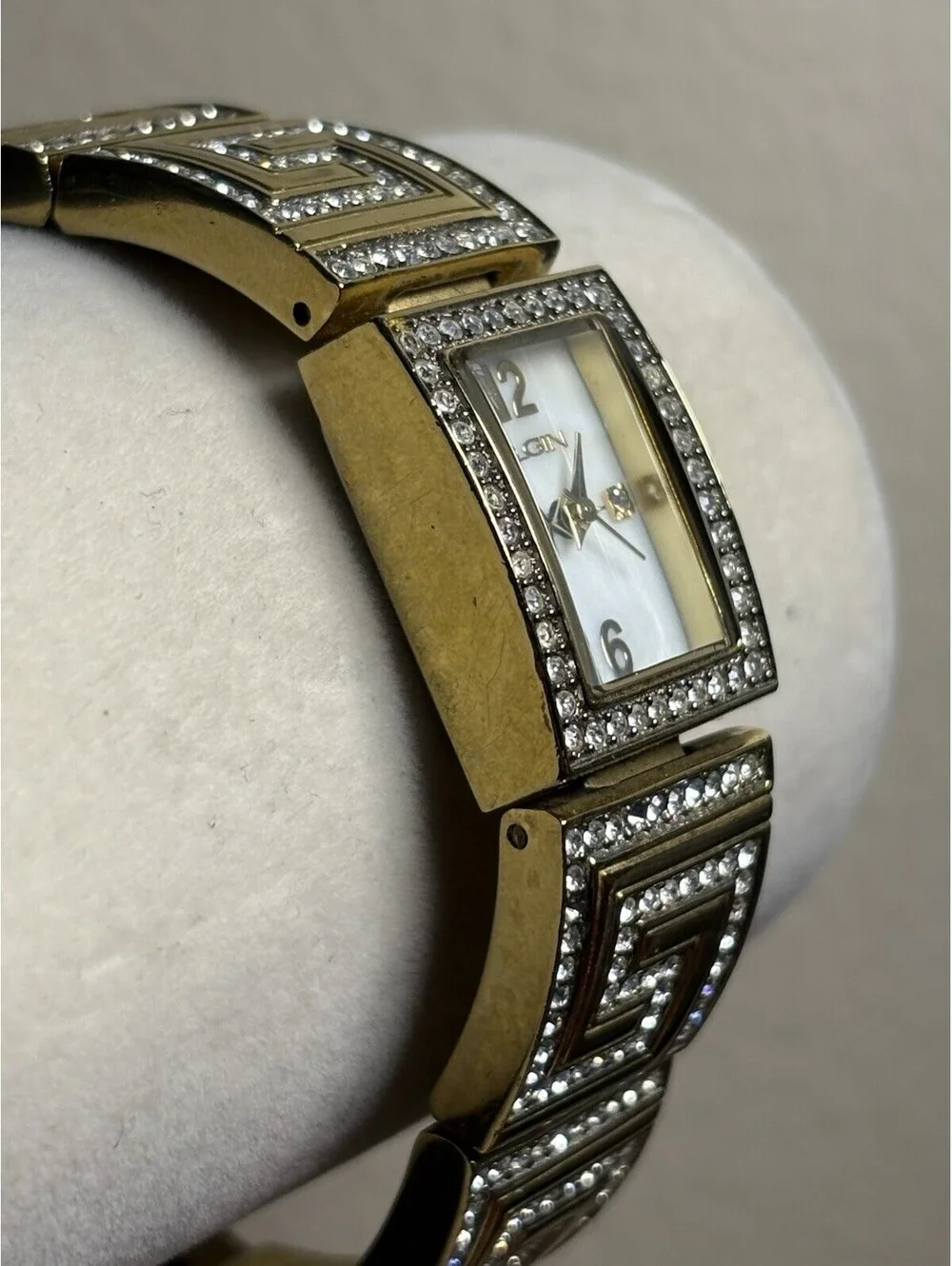 Women's Elgin White Mother Pearl Dial Crystal Accents On Bracelet Band Watch 04